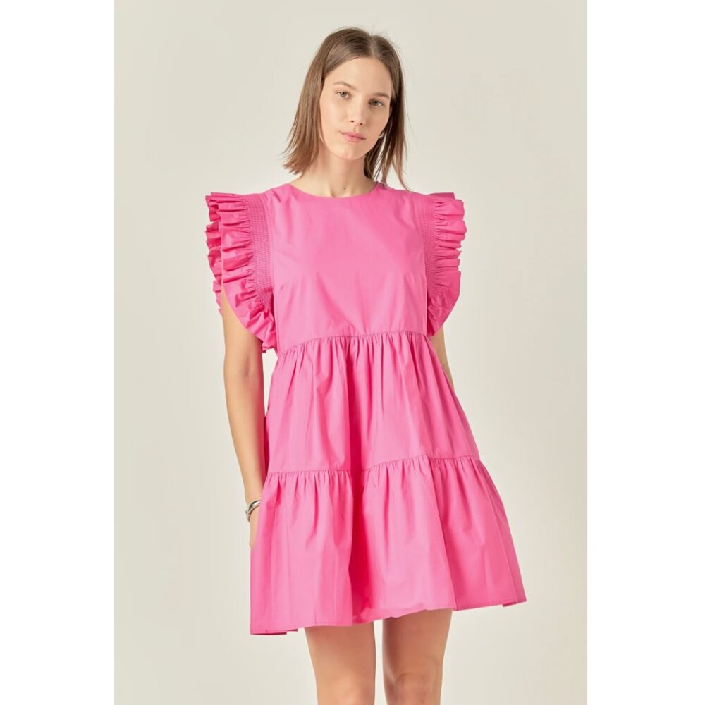 NWT English Factory | Ruffled Babydoll Mini Dress w/ Pockets Fuchsia Pink Small